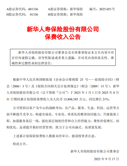 豌豆财富 新华保险：前8月原保险保费收入为1580.86亿元 同比增长21%